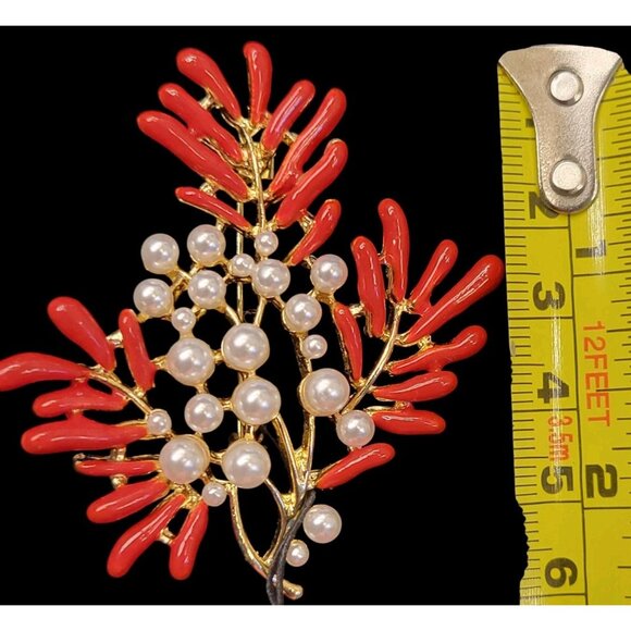 Brooch Festive Enamel Coral Pearl Goldtone Pin Lapel Scarf Hat Holiday Gift - Picture 5 of 5